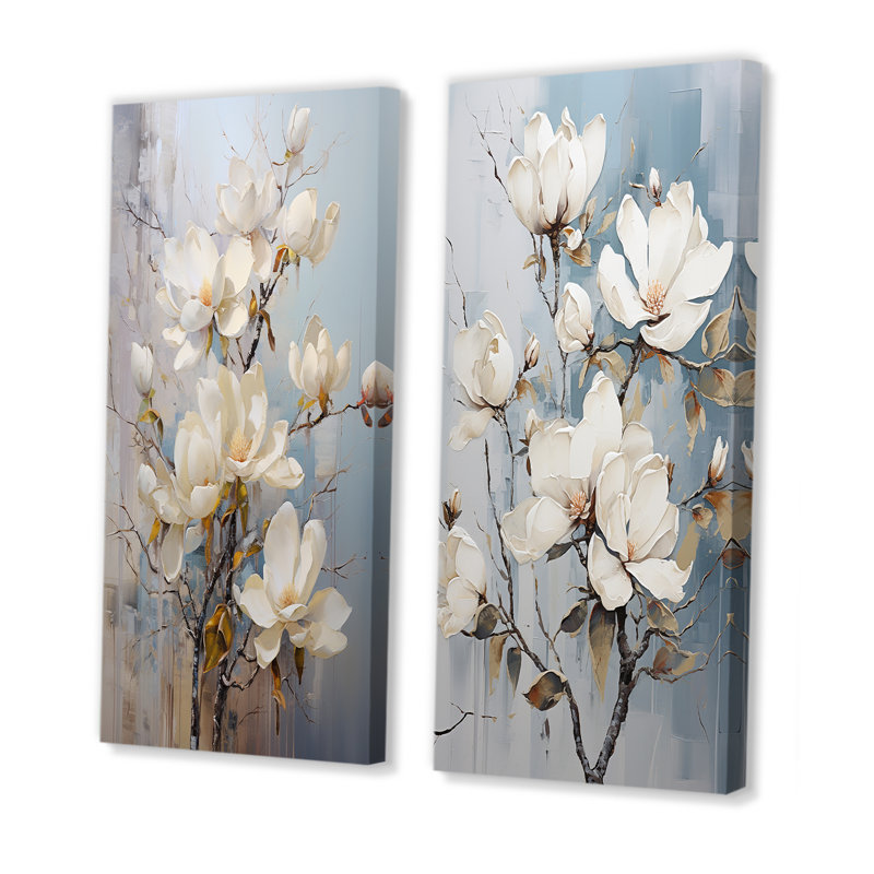 Ensemble de 2 décorations murales blanc et bleu Magnolia Blossom Beauty - Magnolias, Toile tendue, H 40 po x l 41 po