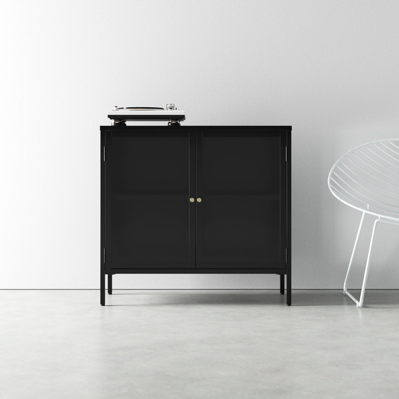 Black and Gold Metal Glass-Paned Storage Cabinet