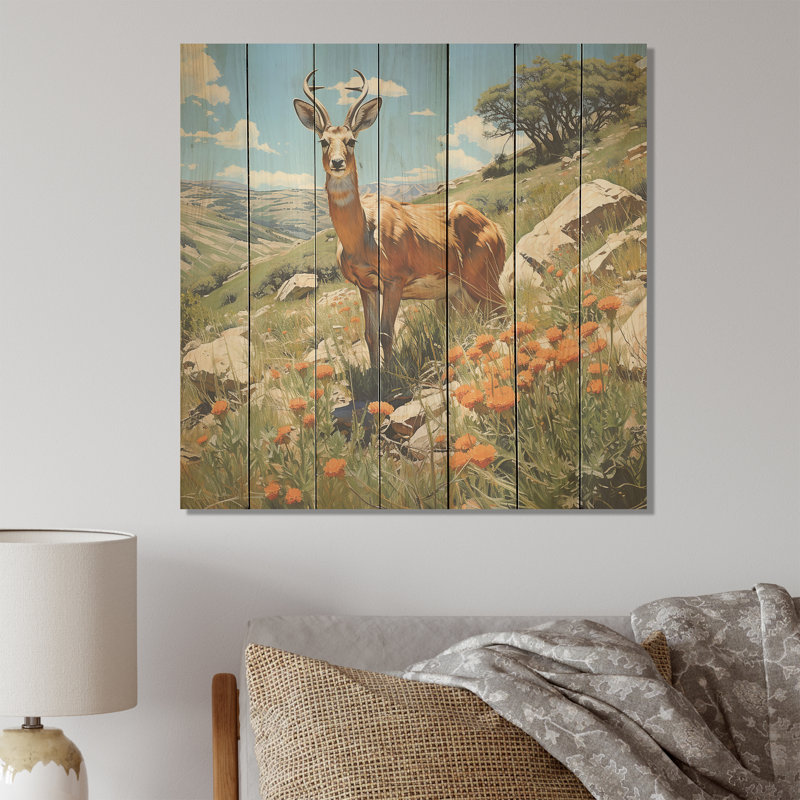 Antelope Gazing Meadow Blooms - Animals On Wood Print, 15" H x 15" W