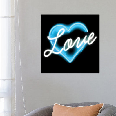 Neon Love Blue On Black by Hailey Carr - Wrapped Canvas Print