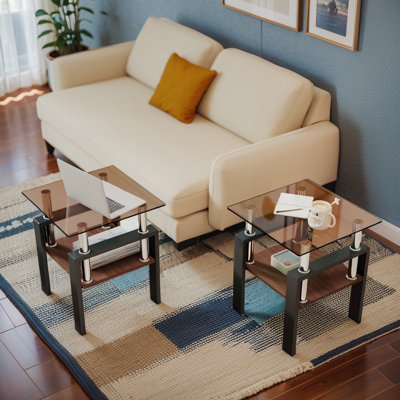 Set of 2 Modern Tempered Glass Tea Table ,Tempered Glass Tabletop with MDF Layer,Coffee Table,End Table, Square Table for Living Room