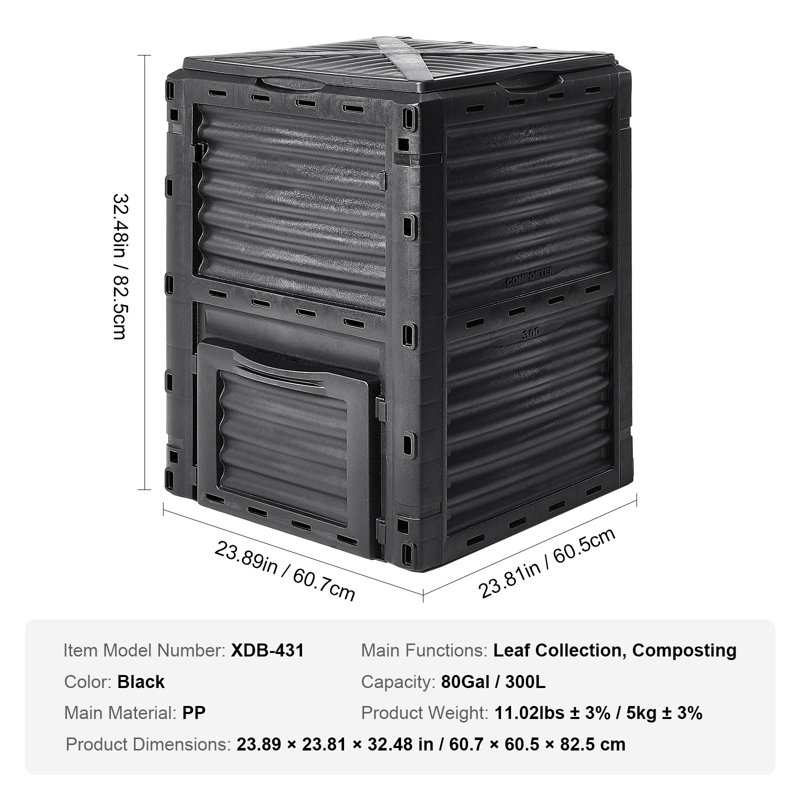 Bac à compost de jardin 80 gallons, composteur sans BPA, bac de compostage extérieur de grande capacité avec couvercle supérieur et porte inférieure, assemblage facile, légèreté, création rapide de terre infertile