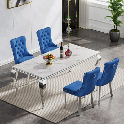 68" Luxury Faux Marble Dining Table Set, Modern Kitchen Table with Stainless Steel Pedestal, Modern Dining Room Table with Velvet Dining Chairs, Dining Table Set