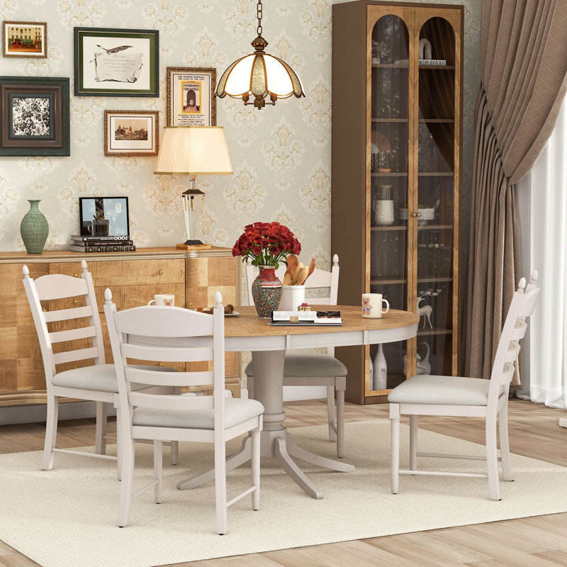 Roane 5 - Piece Extendable Dining Set with Round Extendable Dining Table and 4 Upholstered Dining Chairs, Beige/Off White