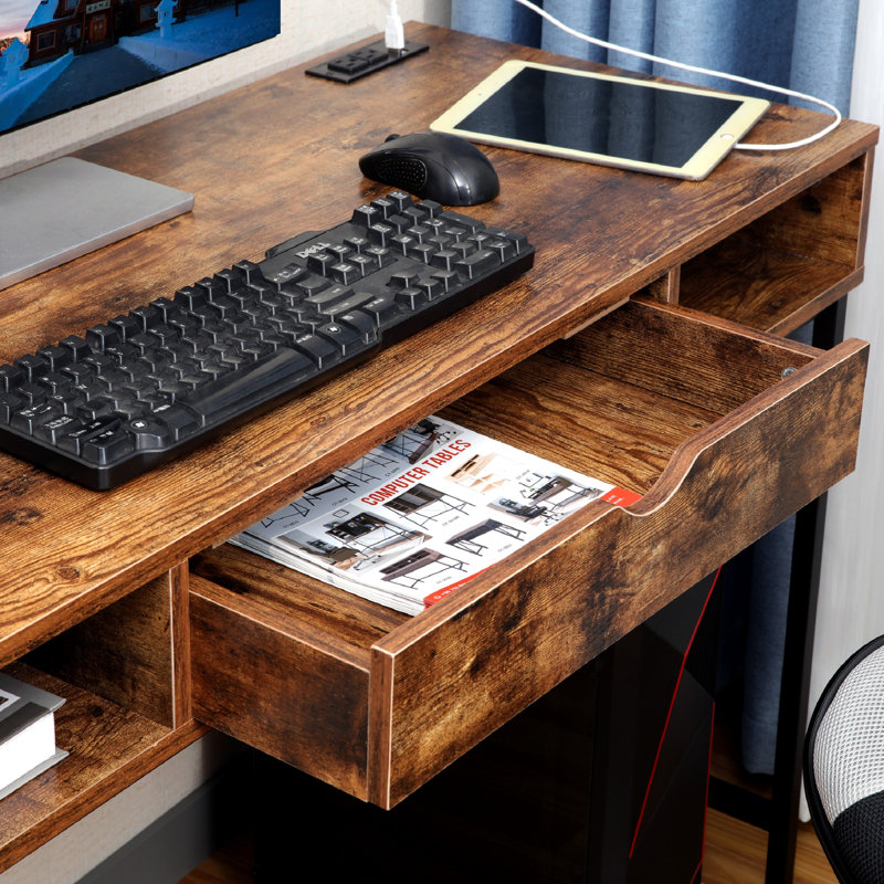 Bureau avec prises intégrées - Bureau moderne avec ports de charge USB, Brun rustique / noir