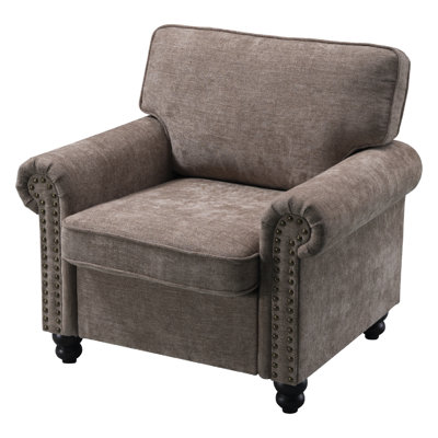 Rolled Arm Chair, Nailhead Chair for Living Room, Chenille Fabric Sing Sofa Chair, Brown