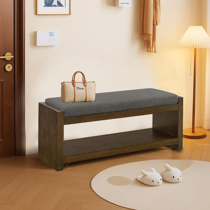 47"W Upholstered Entryway storage bench with storage, Cushion and Lower Storage Shelf, Navy