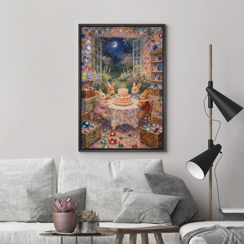 «Enchanted Bunny Birthday Tea Party Moonlit Garden Fantasy Decor», reproduction d'art sur toile encadrée dans la chambre principale