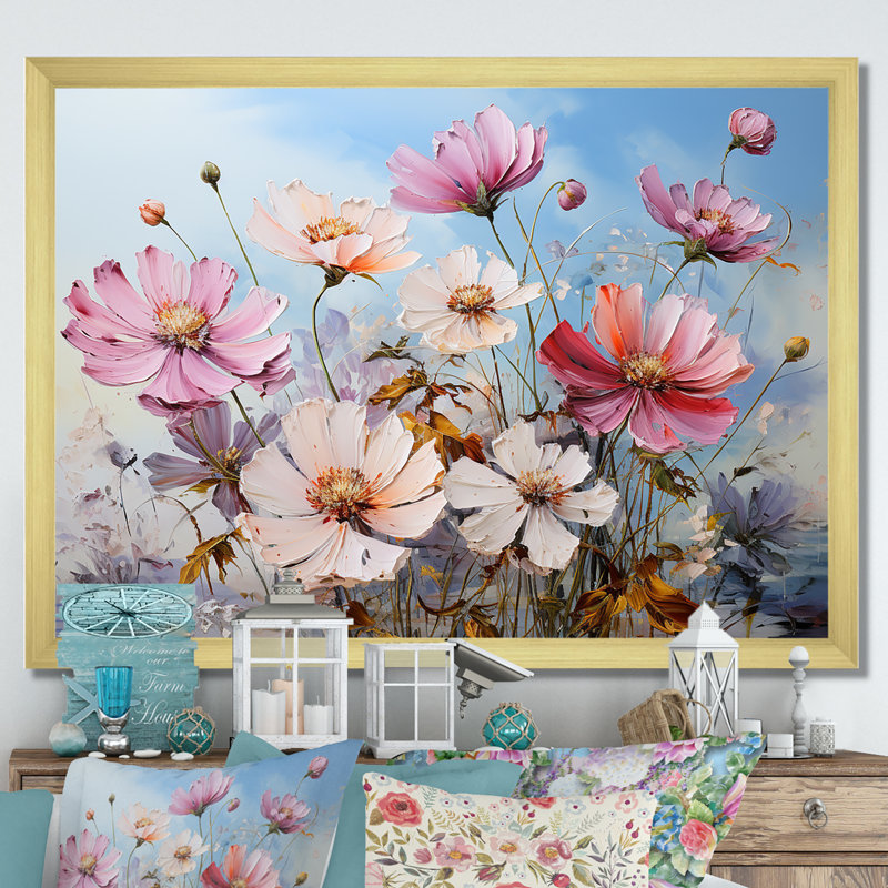 «Zinnias Farmhouse Field Charm III», reproduction sur toile, Cadre doré simple, H 34 po x l 44 po x P 1,5 po