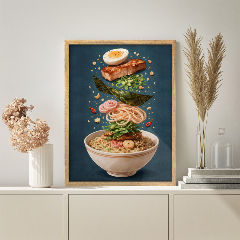 Floating Ramen Ingredients Illustration Framed Wall Art Prints - Modern Kitchen Decor, H 14 po x l 11 po, Naturel