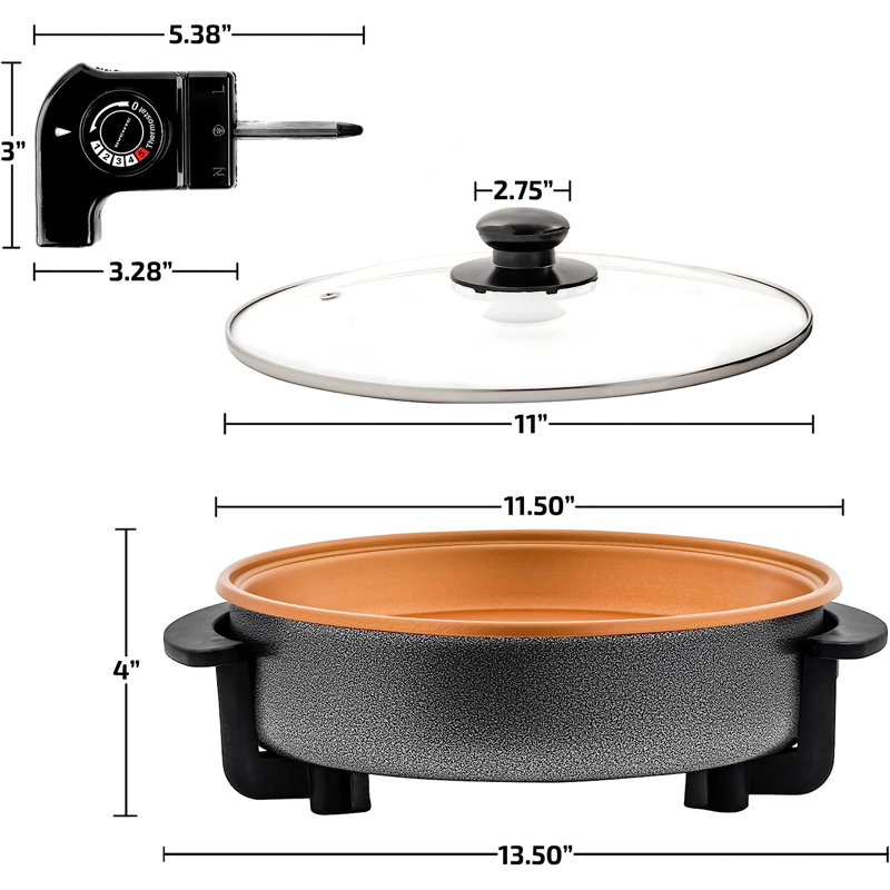 OVENTE 12 Inch Electric Skillet and Frying Pan with Nonstick Coating, 1400W Power, Adjustable Temperature Control, Tempered Glass Lid with Vent and Cool Touch Handles, Copper SK11112CO