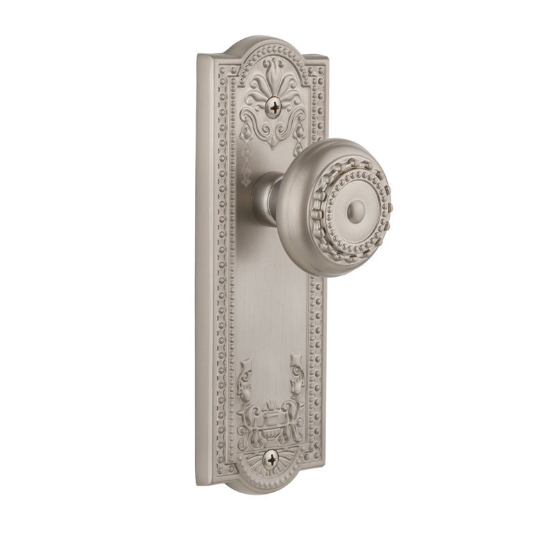 Grandeur Parthenon Plate Privacy with Parthenon Door Knob, 2 3/8", Satin Nickel