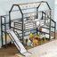 Lit mezzanine simple avec glissade et escalier, lit de jeu en métal avec tablettes de rangement, toit en forme de maison et conception silencieuse, noir-129581994