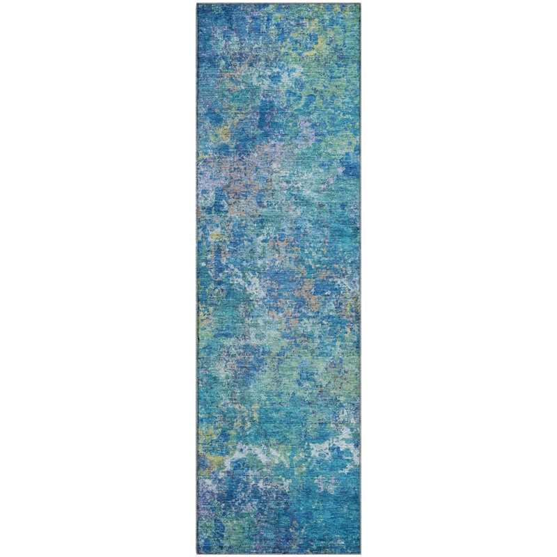 Premium Machine Washable Mayfield abstract Rug, Blue, 2'3" x 7'6" Runner