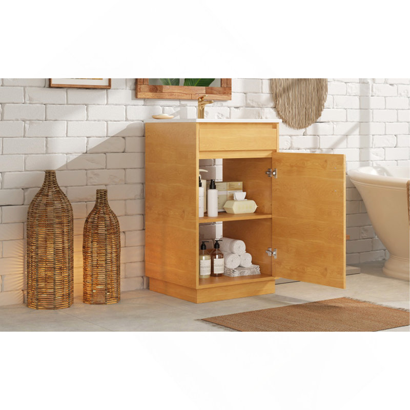 Ensemble de meuble-lavabo sur pied 20 po avec lavabo en céramique, ensemble de meuble-lavabo simple autoportant avec porte à fermeture douce, tablette réglable, style maison de campagne, bois naturel.