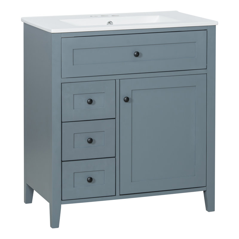 Meuble-lavabo simple 30 po avec lavabo en céramique 30 po, 4 tiroirs et armoire avec tablette réglable