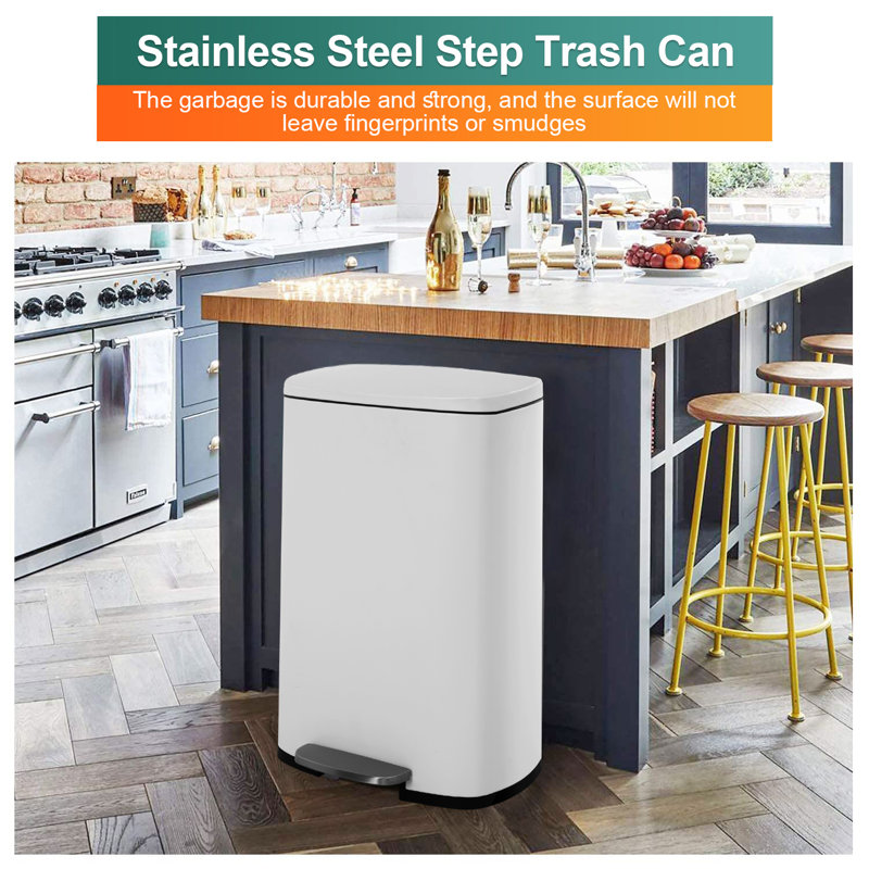 Tutink Stainless Steel Kitchen Trash Can - 13 Gallons, White