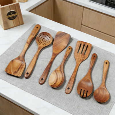 11-Piece Teak Wooden Utensil Set For Cooking With Holder - Natural Solid Teak Wood Spatulas, Spoons & Kitchen Tools - Sturdy, Heat Resistant & Lightweight For Daily Use