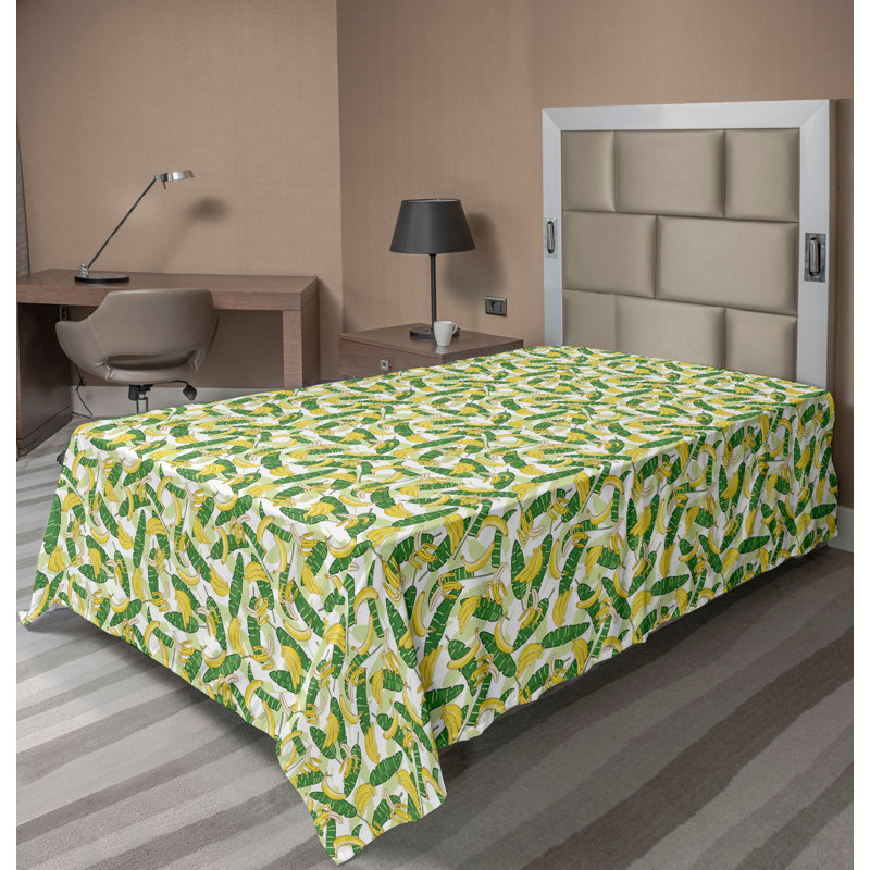 Drap plat moderne de style bohème Ambesonne, Drap plat pour lit simple, Moutarde / vert fougère / motif floral blanc