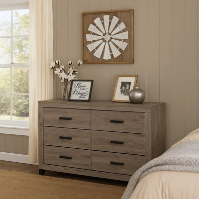 Rachy Dresser, 6 Drawers With Black Handles, Farmhouse Light Gray