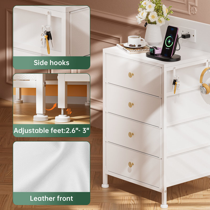 Tall Nightstand with Charging Station & LED Light, 4-Drawer Dresser Bedside End Table for Bedroom