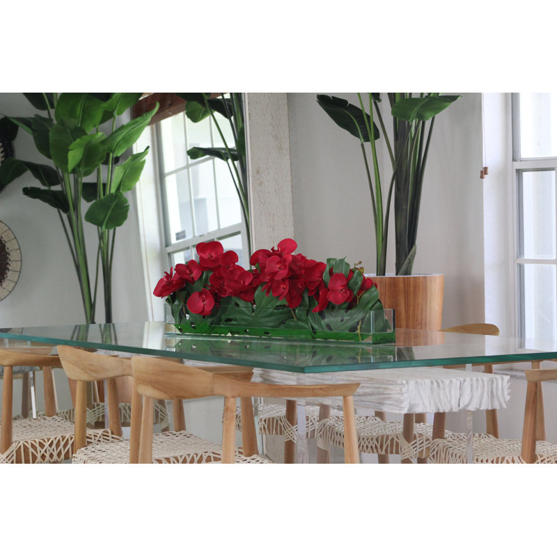 36" Casa Moderna Glass Plate Planter With Phalaenopsis Orchids And Monstera Leaves, Red