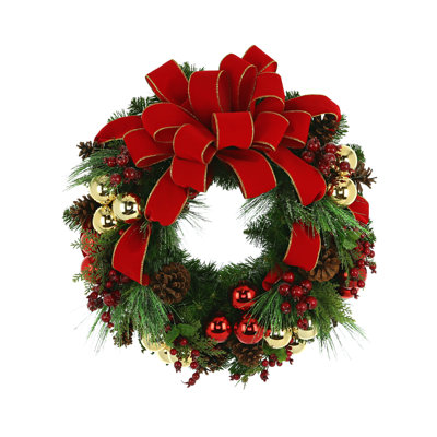 Howell 27" Evergreen Wreath With Berries, Pinecones, Ornaments And Velvet Bow