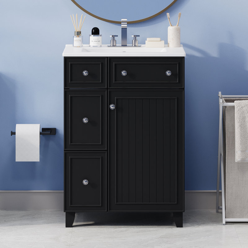Norreen 24'' Single Bathroom Vanity with Ceramic Top, Black, Silver