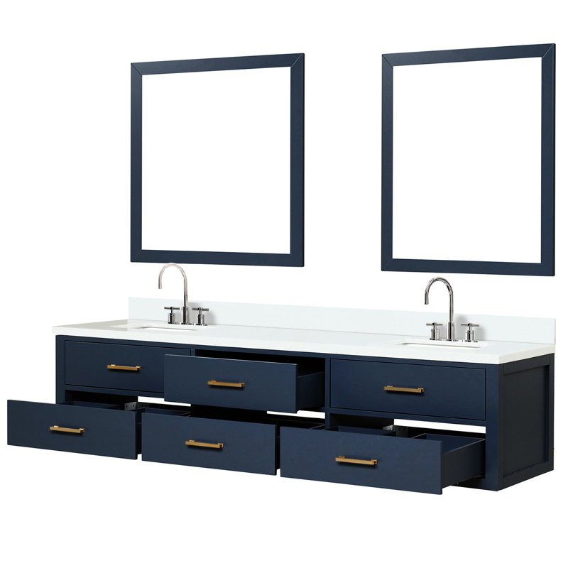 80 po L x P 22 po, meuble-lavabo double bleu, comptoir en quartz blanc, robinet, 36 miroirs
