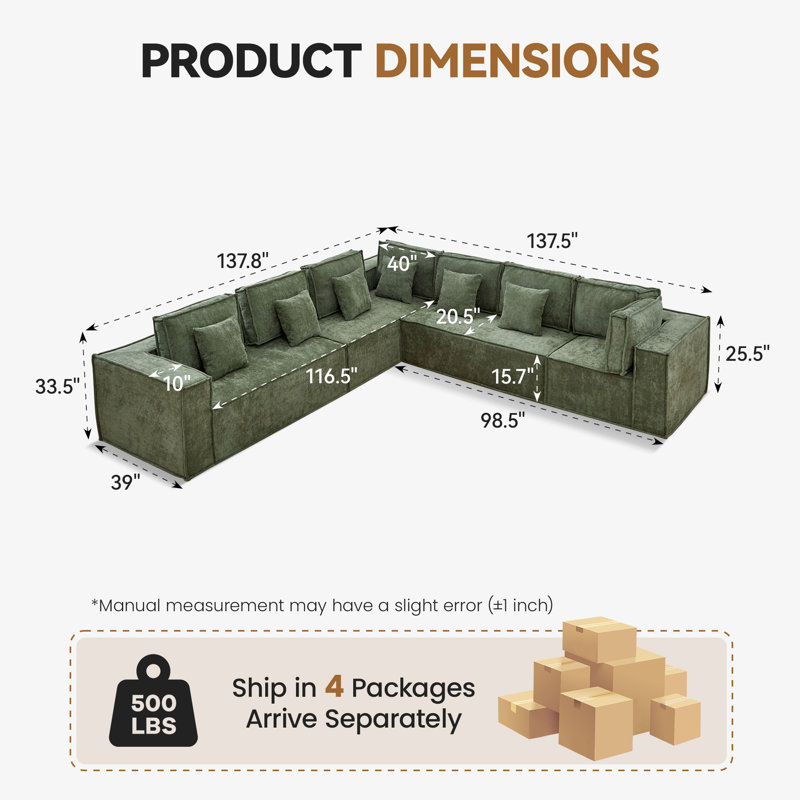 Canapé modulaire surdimensionné en L de 138 po en chenille désossée de 138 po, canapé modulaire surdimensionné à 7 sièges profonds, sans assemblage