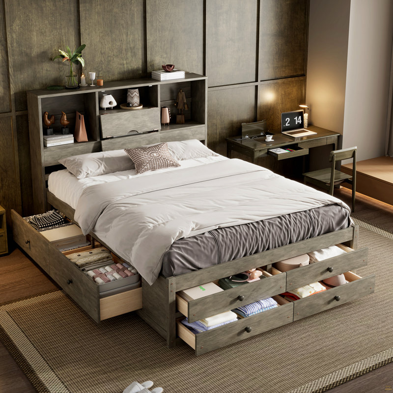 Grand lit plateforme avec tête de lit à rangement et 8 tiroirs, Gris