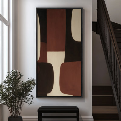 Formes géométriques minimalistes de style Mid-Century en brun et crème - reproduction d'art sur toile encadrée pour chambre principale