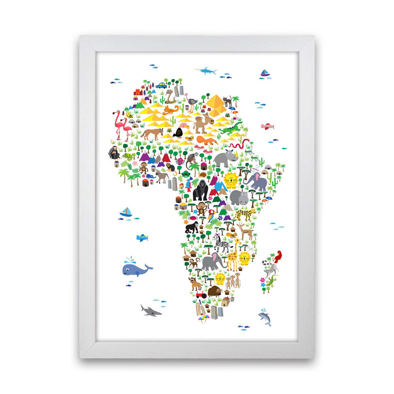 Animal Map Of Africa Nursery by Michael Tompsett - Print, 46cm H x 34cm W x 3cm D, White Framed