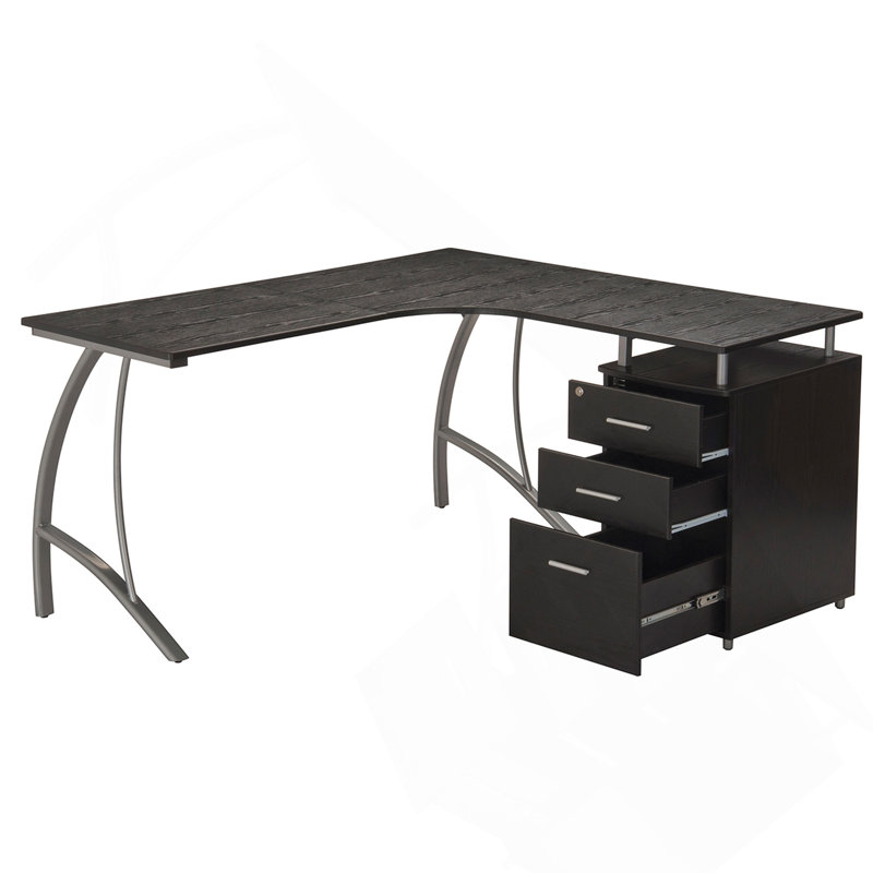 Bureau d'ordinateur moderne en L avec classeur et rangement, espresso