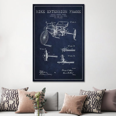 G.W. Akers Bike Extension Frame Patent Sketch (Navy Blue) 1 Piece Wrapped Canvas Wall Art