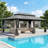 Outdoor Patio Metal Frame Gray Wood Grain Resin Roof Gazebo with Privacy Curtain Mosquito Netting-121781435-121781437