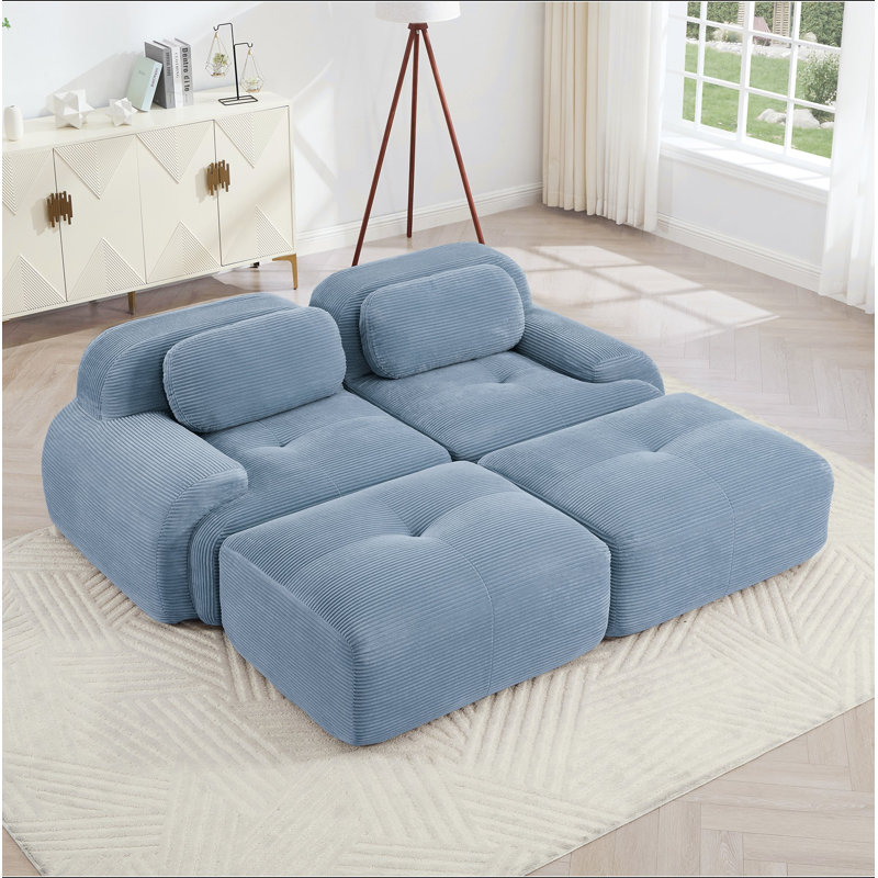 Canapé à 2 places en tissu de luxe Corduroy, Velours côtelé bleu
