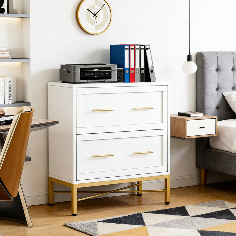 Classeur de bureau, deux tiroirs, apparence blanche et dorée, rails réglables pour le rangement organisé, système de verrouillage pour réduire le basculement, glissières de qualité Fonctionnement silencieux