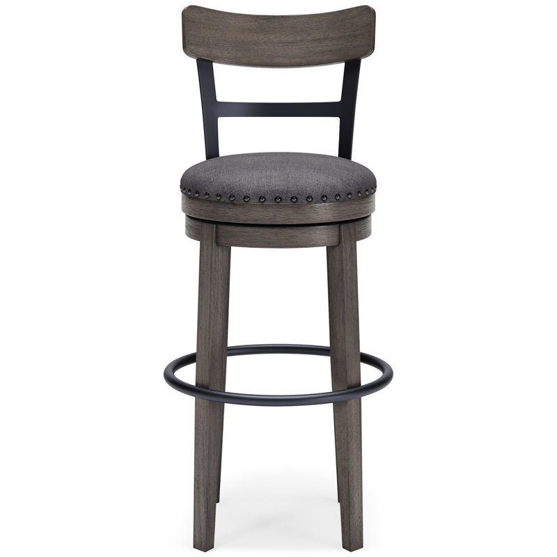 Elegant Gray Swivel Barstool with Curved Back and Nailhead Trim