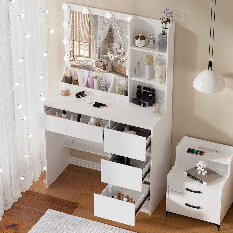 Bureau de coiffeuse avec miroir, 3 modes d'éclairage, table de maquillage avec tiroirs et tablettes de rangement pour filles