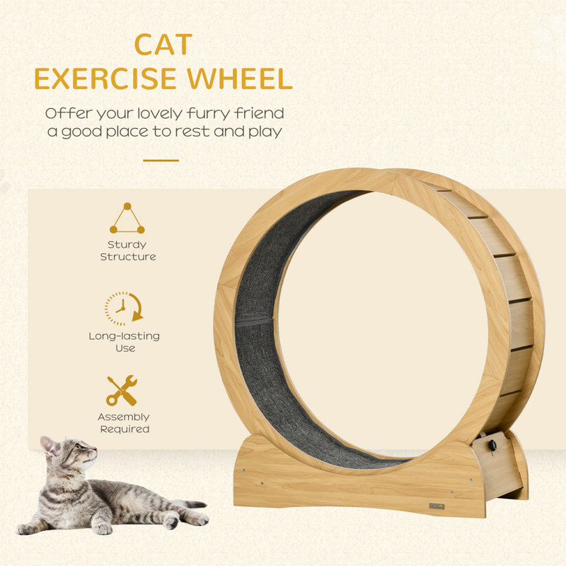 Natural Wood Cat Exercise Wheel with Carpet Runway