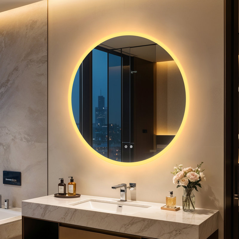 Round Lighted Wall Mounted Bathroom Mirror, 90 cm H x 90 cm W