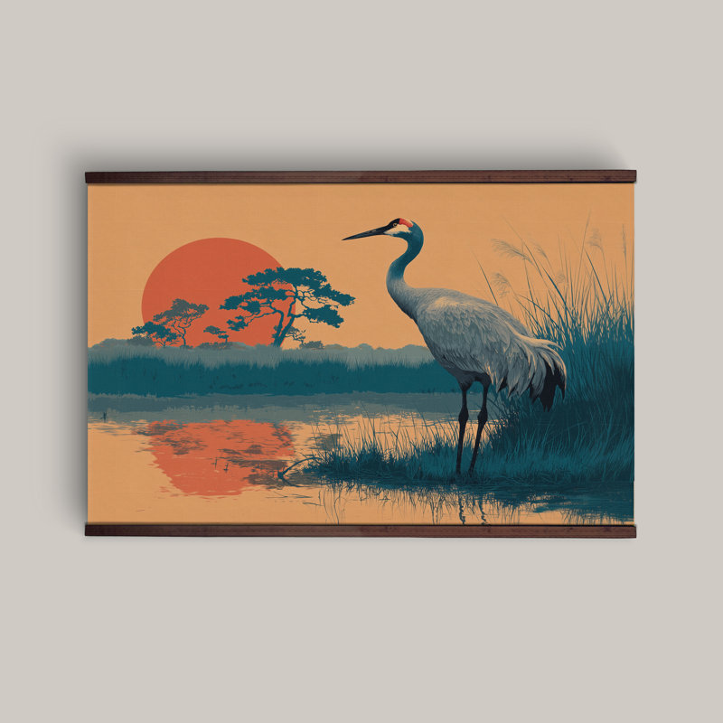 Crépuscule japonais, art mural avec crochets en bois - Scène de nature tranquille, H 32 po x l 48 po