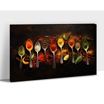 Adriany Colorful Vintage Spoon Spice Still Life Painting Canvas Prints Food Poster Picture Artwork for Dining Room and Kitchen Wall Decor Ready to Hang, 12×16 Inches