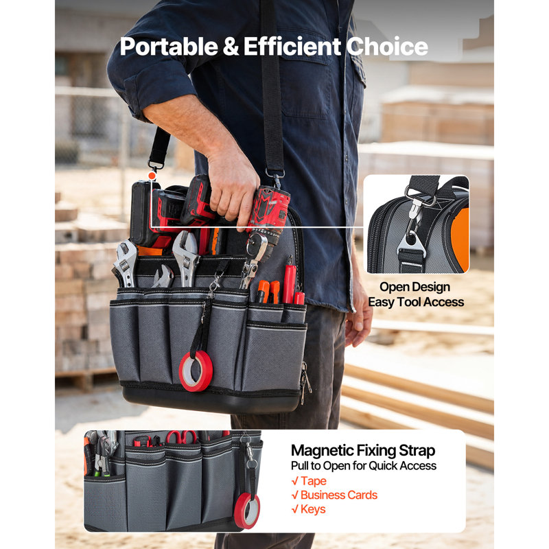Sac à outils de 33,5 cm (13,2 pouces), 39 poches, ouverte sur le dessus, boîte à outils portative pour l'entretien électrique, avec base rigide en plastique et bandoulière réglable.