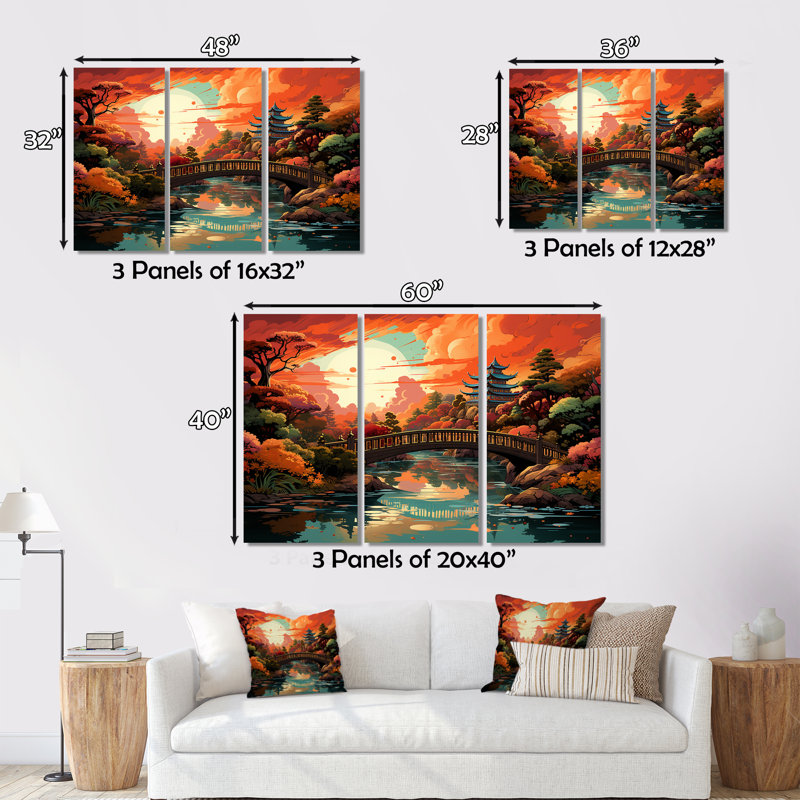«Beautiful Sunset Little Bridge In Japanese Garden on Canvas», reproduction de 3 pièces, H 40 po x l 60 po x P 1 po