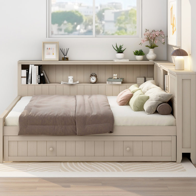Lit de jour en bois pleine grandeur avec lit gigogne et tablettes de rangement, fabrication en pin blanc laitier antique, décor, lattes de lit de soutien en bois +, style, aucun sommier tapissier requis