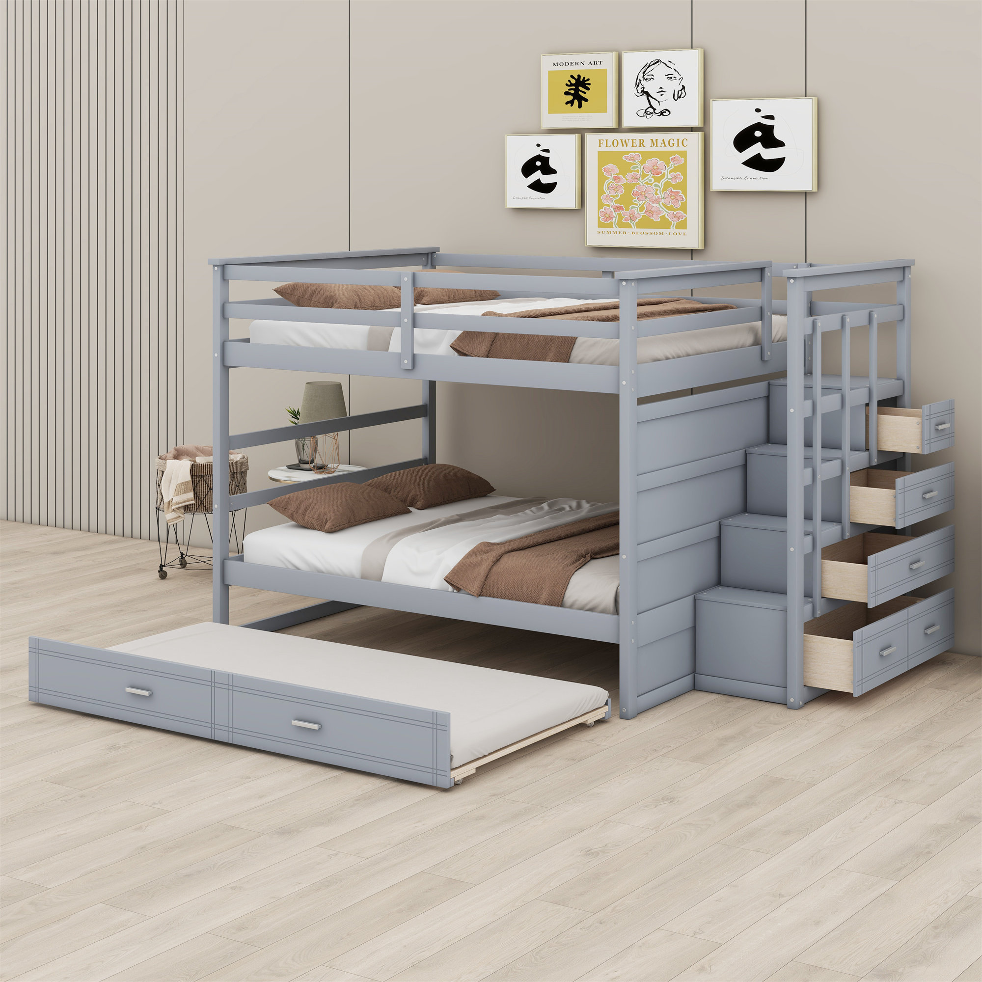 Harriet Bee Full Over Full Bunk Bed With Staircase And Trundle | Wayfair
