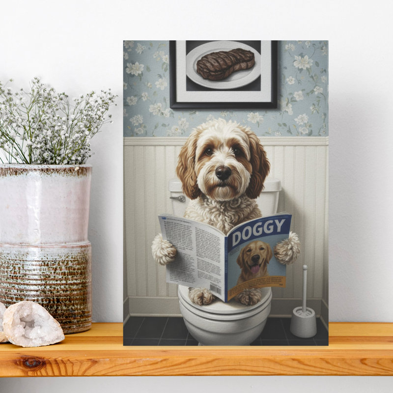 «Dog's Bathroom Play Playful Contemporary Dog Portrait», art mural, H 18 po x l 12 po
