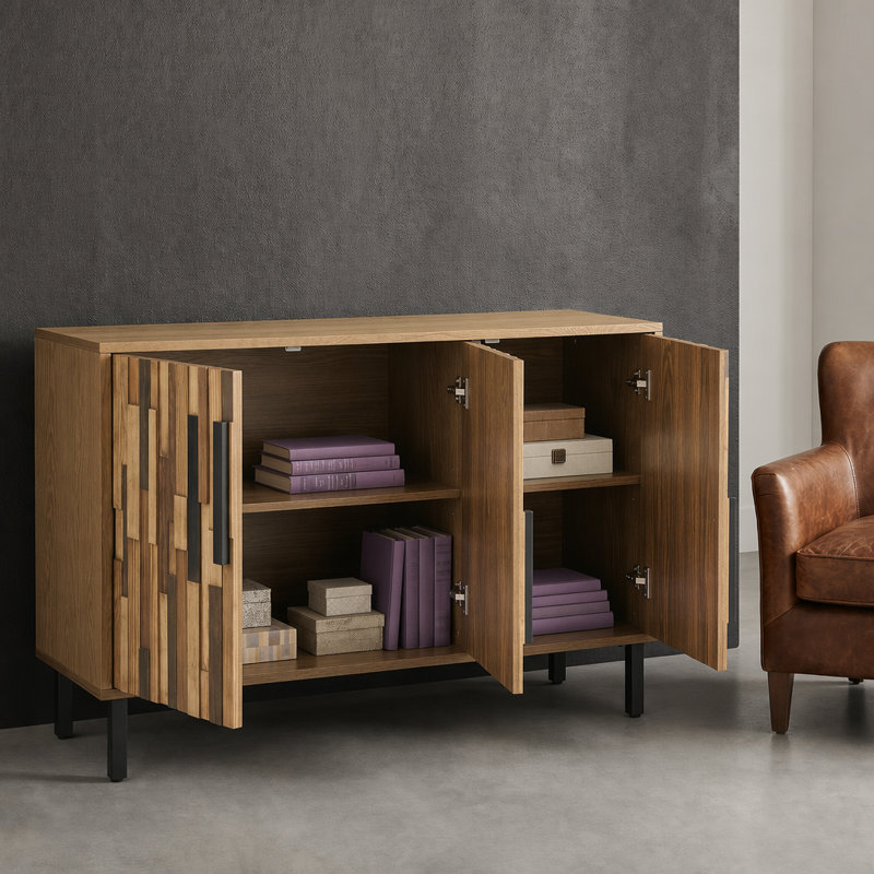 Buffet 47,24 po à 3 portes avec motif en bois droit, Bois de frêne naturel